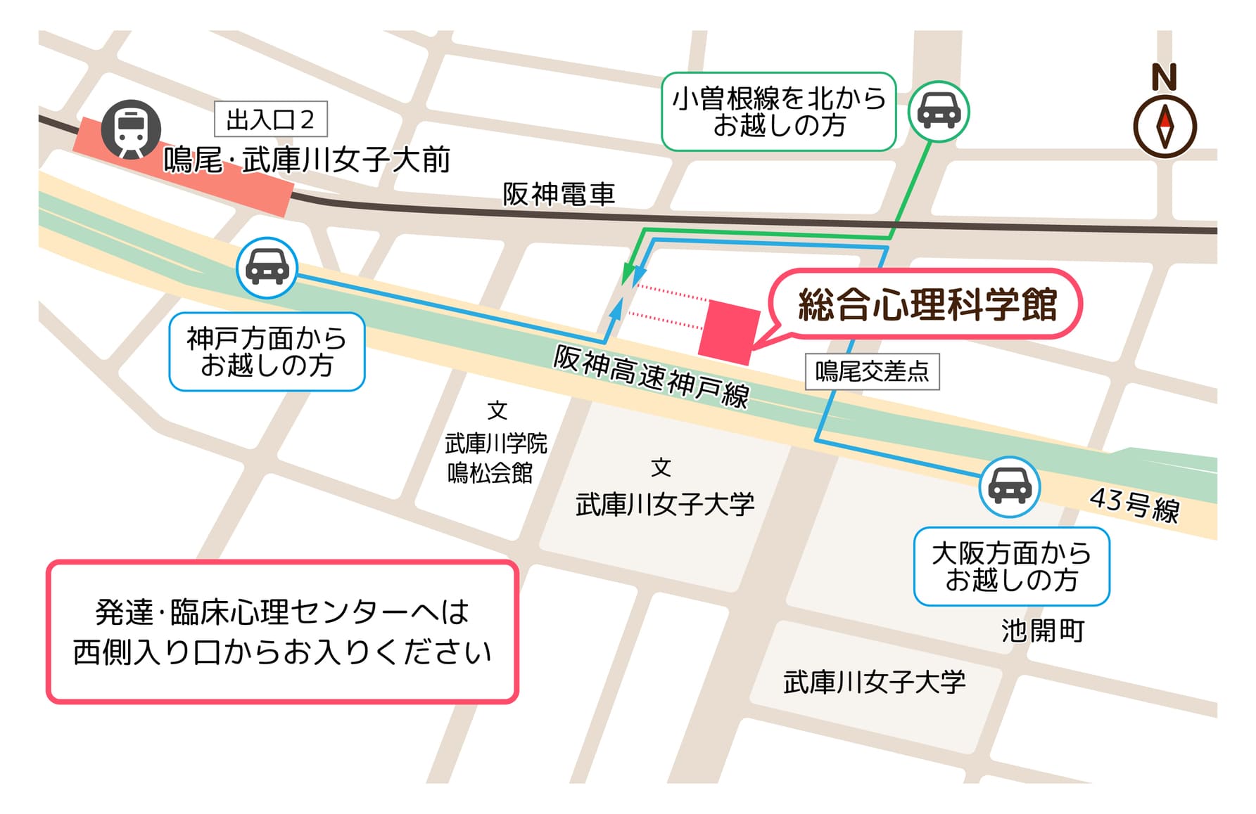 武庫川女子大学総合心理科学館までの一方通行を考慮した道路地図