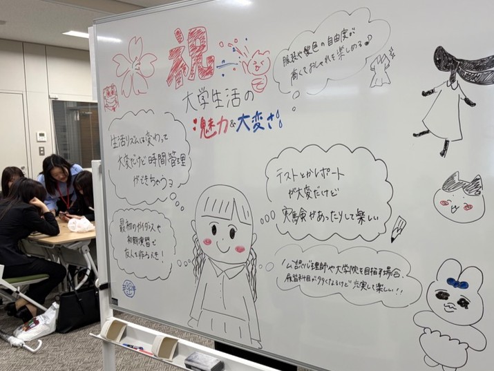 ホワイトボードに新入生を歓迎する文字が書かれています